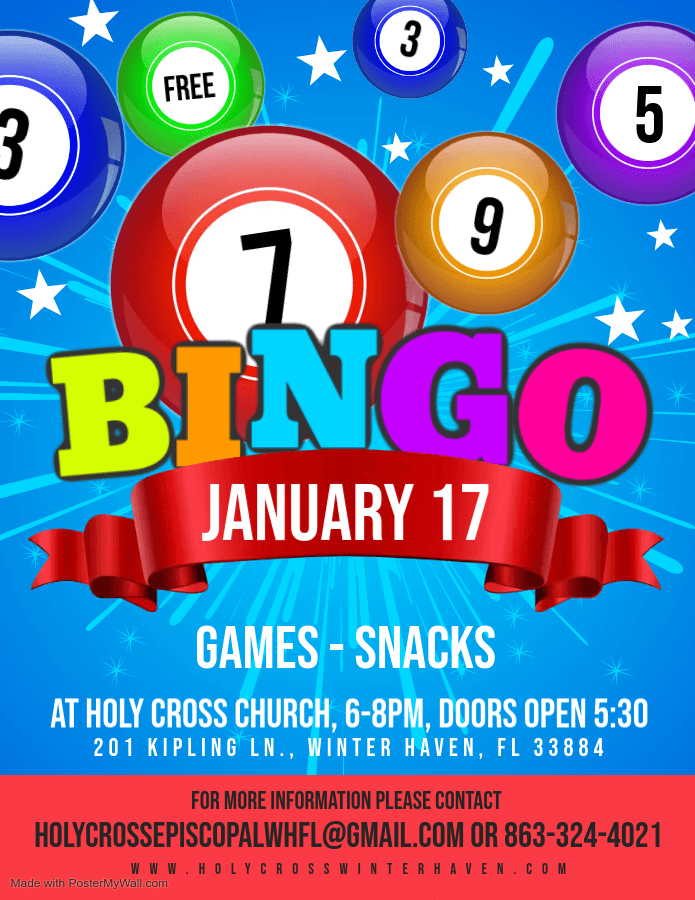 BINGO January 17 at Holy Cross Church from 6-8pm. Doors open at 5:30pm.