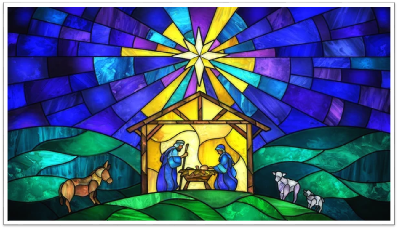 Stained glass window of baby Jesus in a manger with Joseph and Mary on either side and a star shining above. A donkey and sheep watch from a distance.