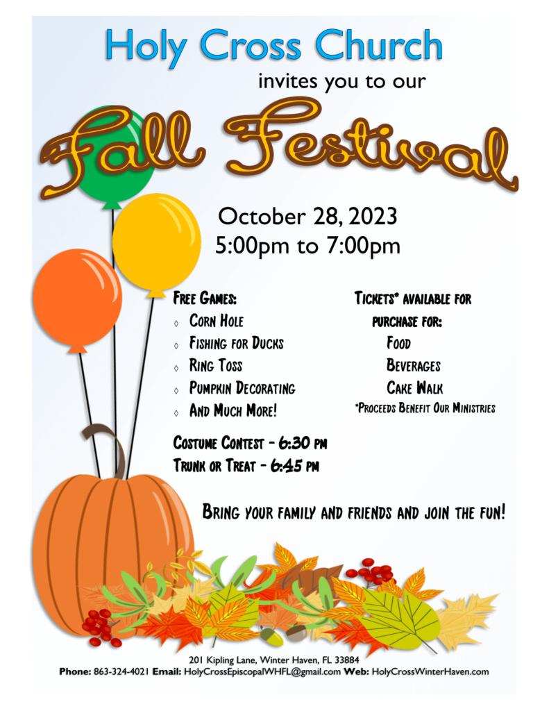 Holy Cross Church invites you to our Fall Festival on October 28, 2023 from 5:00pm to 7:00pm!